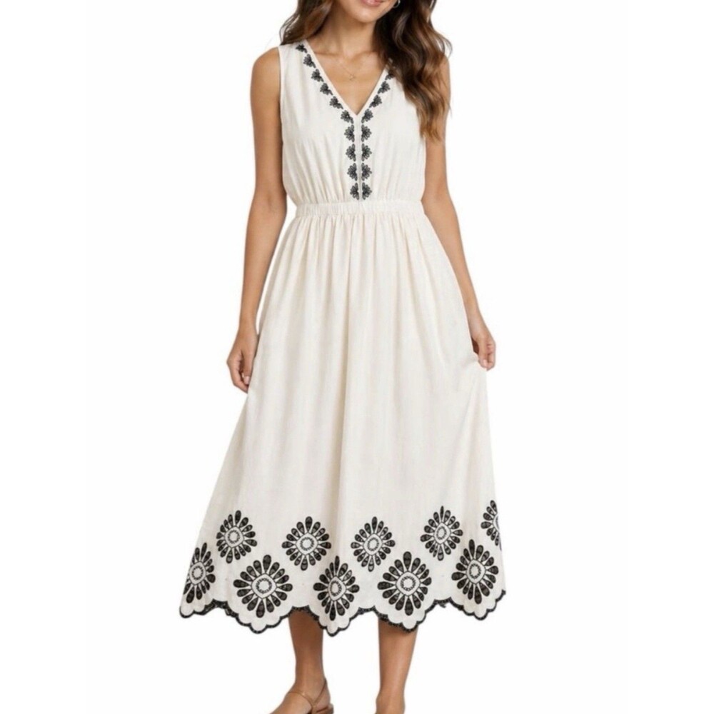 Universal Thread Embroidered Eyelet Maxi Dress Size S Cream 100% Cotton Sundress